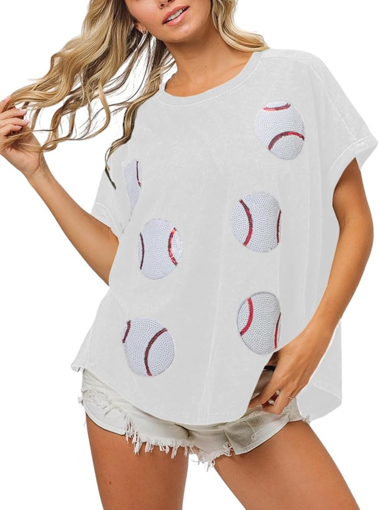 Womens Sparkle Baseball Sequin Tee Game Day Pullover T-Shirt Crewneck Oversized Short Sleeve Wash... | Amazon (US)