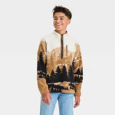 Boys' Faux Long Sleeve Shearling Quarter Zip Sweater - art class™ Brown XL | Target