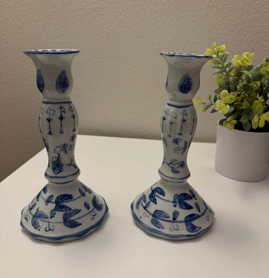 Vintage Set of 2 Blue and White Cermaic Candlestick Holders 8.25 - Etsy | Etsy (US)