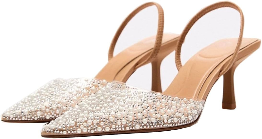 MRKEWUNEY Fashion Rhinestone Clear Slingback Pumps Shoes for Women Pointed Toe PVC Kitten Heels | Amazon (US)