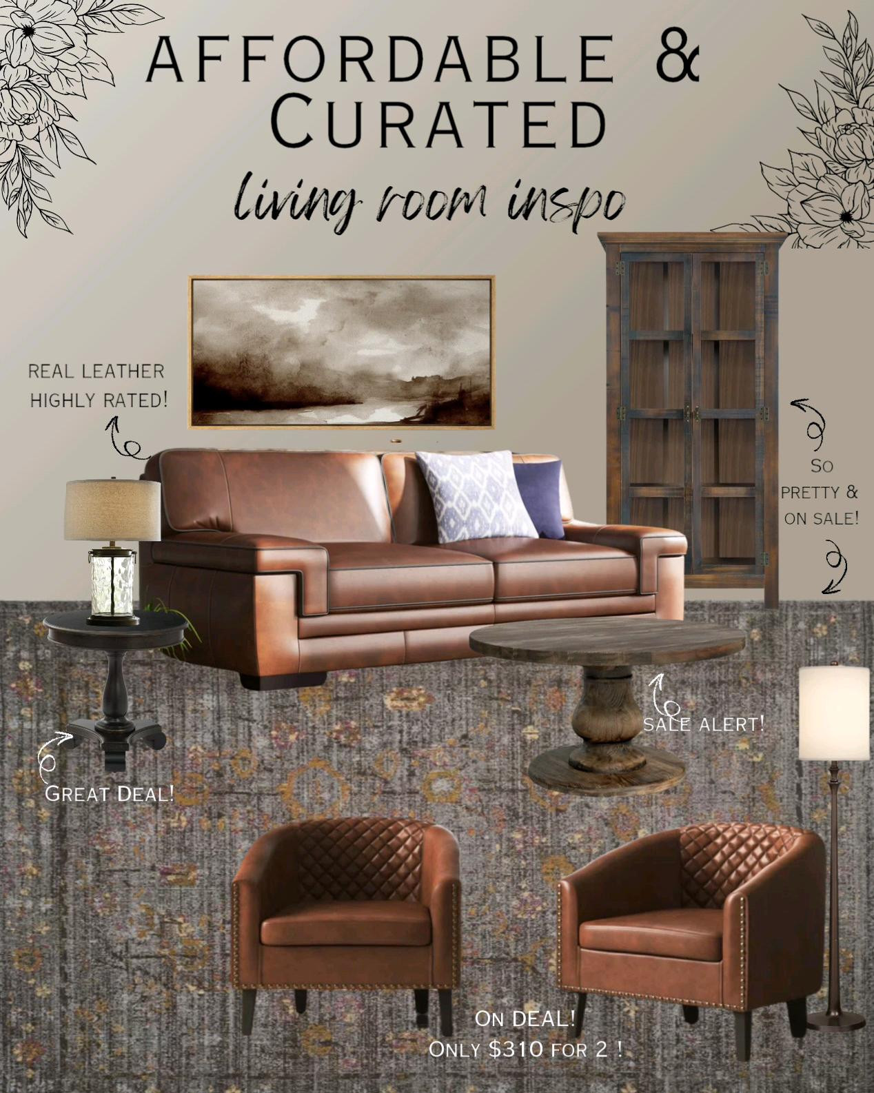 Rustic farmhouse living room inspo with leather and wood furniture! Shop by clicking the thumbnails below 👇.  . . Rustic farmhouse, rustic living room, living room, leather couch, leather chair, rustic coffee table, rustic decor, rustic home decor, moody living room, leather couch living room, brown leather couch, rug, rugs living room, wood coffee table, wood cabinet, storage cabinet, display cabinet, curio cabinet, bookshelf, farmhouse living room, farmhouse decor, farmhouse lamp, lamp, table lamp, floor lamp, Pedestal table, Pedestal Coffee table, living room inspo, affordable living room, affordable living room furniture, affordable furniture, affordable home

#LTKSaleAlert #LTKHome #LTKStyleTip