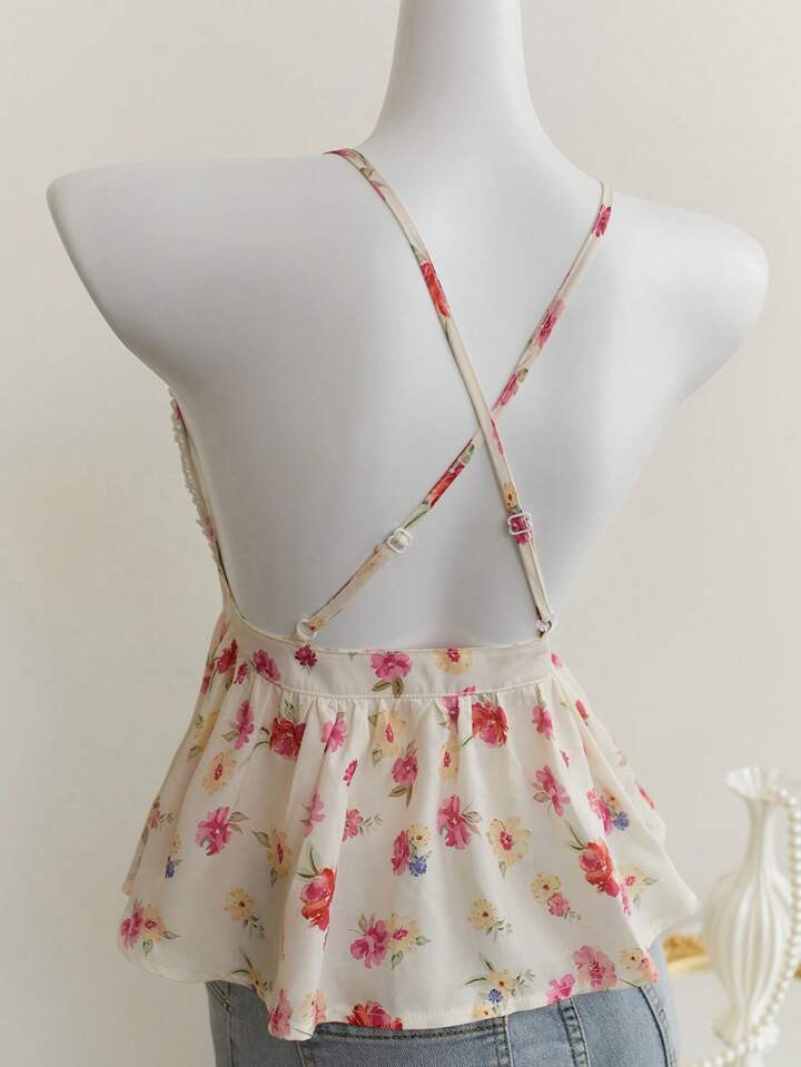 Elamini Pink Floral Print Patchwork Button Decor Sexy Backless Camisole Vest, Spring/Summer | SHEIN