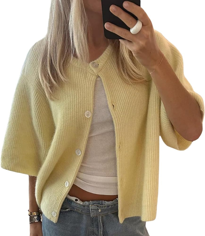 Women Knitted Button Down Short Sleeve Tops Y2K Solid Color Crew Neck Relaxed Sweater Cardigan Go... | Amazon (US)