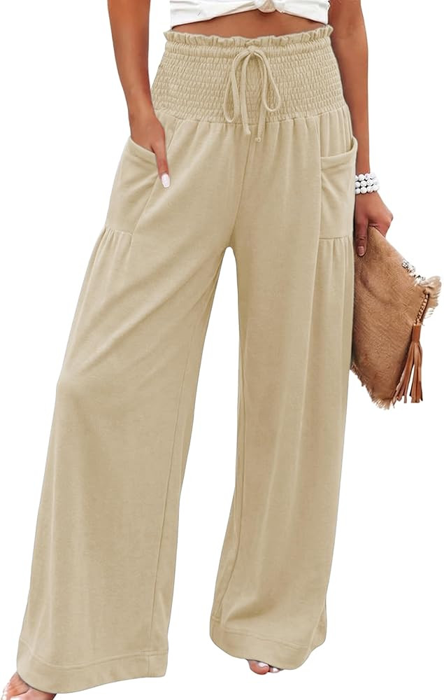 Athlisan Womens Baggy Wide Leg Palazzo Pants Casual Boho Smocked High Waist Lounge Trousers Beach Travel Vacation Outfits | Amazon (US)