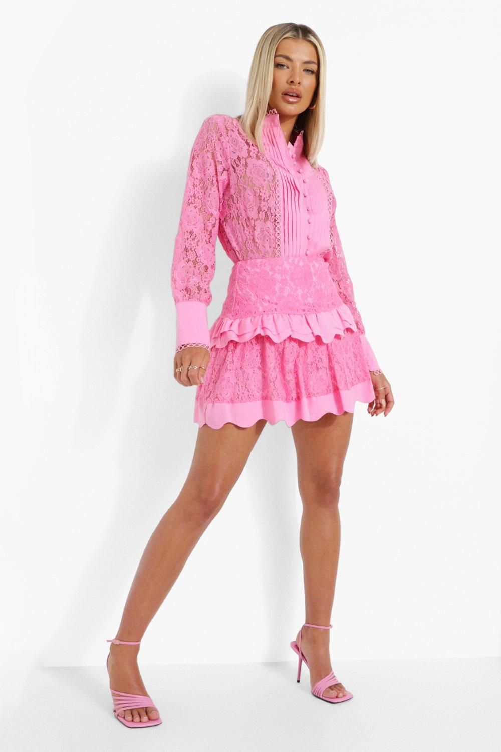 Lace Volume Shirt & Pep Hem Skirt Set | Boohoo.com (US & CA)