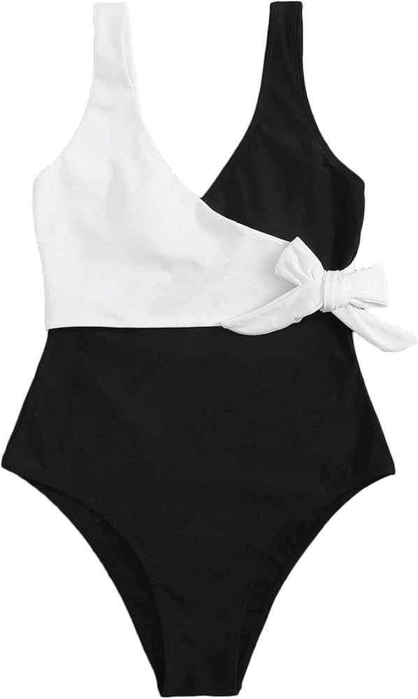 SweatyRocks Women's One Piece Bathing Suits V Neck Tie Front Color Block Swimsuit Swimwear Monoki... | Amazon (US)