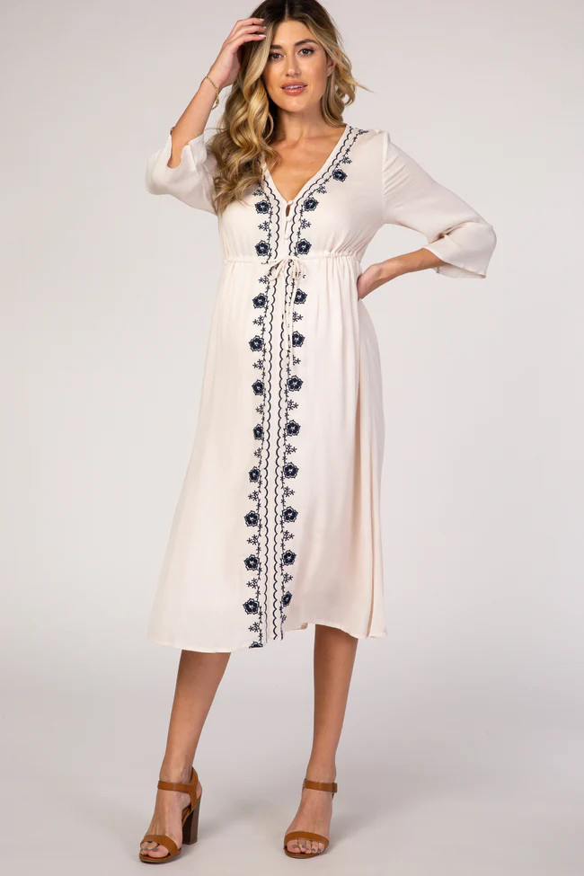 Beige Floral Embroidered 3/4 Sleeve Maternity Midi Dress | PinkBlush Maternity