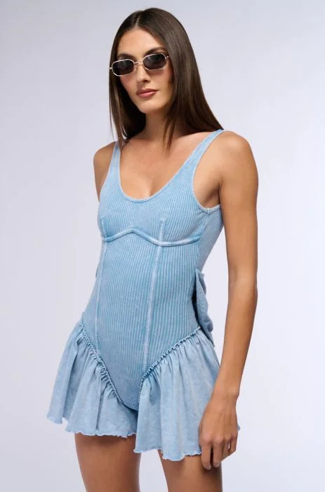 CANT TALK MINERAL WASH ROMPER IN BLUE | AKIRA
