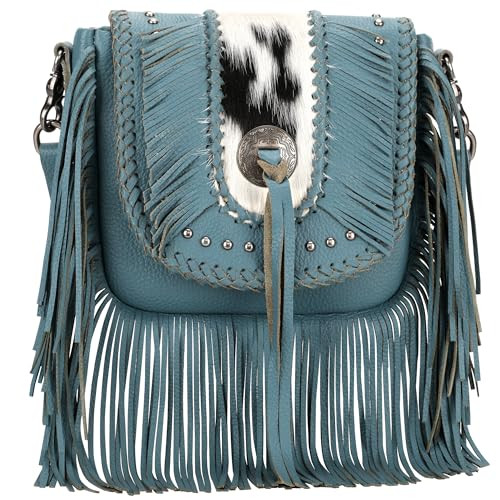 Bohemian Western Fringe Purses Bags for Women Crossbody, Geniune Real Leather, with Silver Engraved Concho with Tassel, Hair-on Cowhide and Braided Details and Antique Silver Studs MBB-RLC-MWR-054JN | Amazon (US)