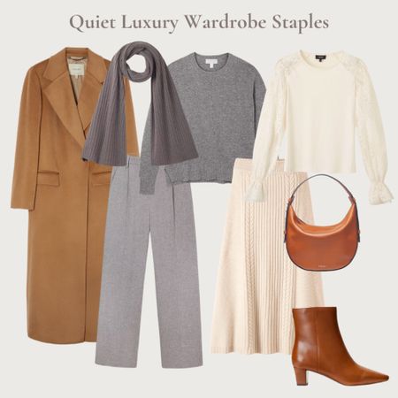 Quiet luxury wardrobe staples. Camel coat, grey wool trousers, grey knit, cream wool skirt, cream lace sleeve blouse, cashmere scarf, tan boots, tan a spinal bag

#LTKstyletip #LTKover40 #LTKeurope
