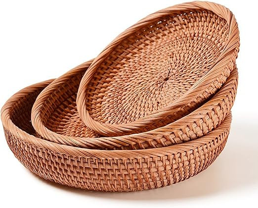 3 Pcs Rattan Fruit Bread Baskets Set, Stackable Round Handwoven Food Serving Tray Tabletop Decora... | Amazon (US)