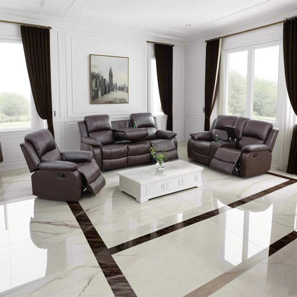 3 Piece Vegan Leather Manual Reclining Living Room Sofa Set (Set of 3) | Wayfair North America