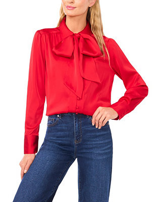 Women's Long-Sleeve Button Down Shirred Collared Top with Bow | Macy's