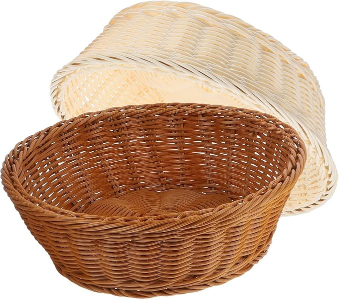 2Pcs Woven Bread and Fruit Baskets, Imitation Rattan Serving Baskets, Oval Poly Wicker for Kitche... | Amazon (US)