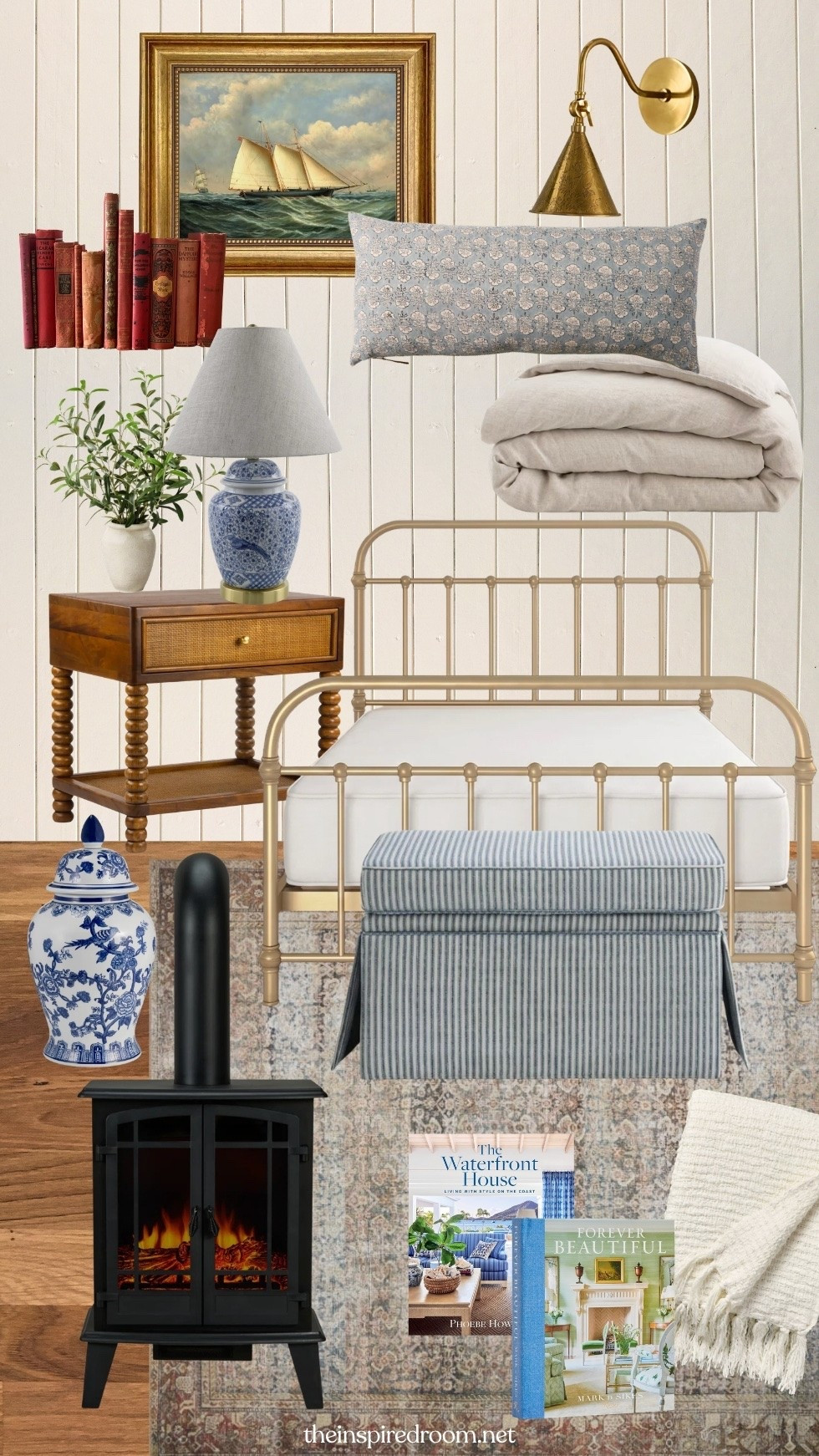 Cozy fall cottage bedroom mood board (inspired by our If I Lived in a Cottage by The Sea: Fall Dreambook) 

Brass bed, striped blue and white storage ottoman, Ginger jar, linen duvet cover, blue and white lamp, floral block print pillow, rug, fireplace, coastal books, ship art, brass wall sconce, wood spindle nightstand, cream throw blanket, antique books

#LTKSaleAlert #LTKHome #LTKSeasonal
