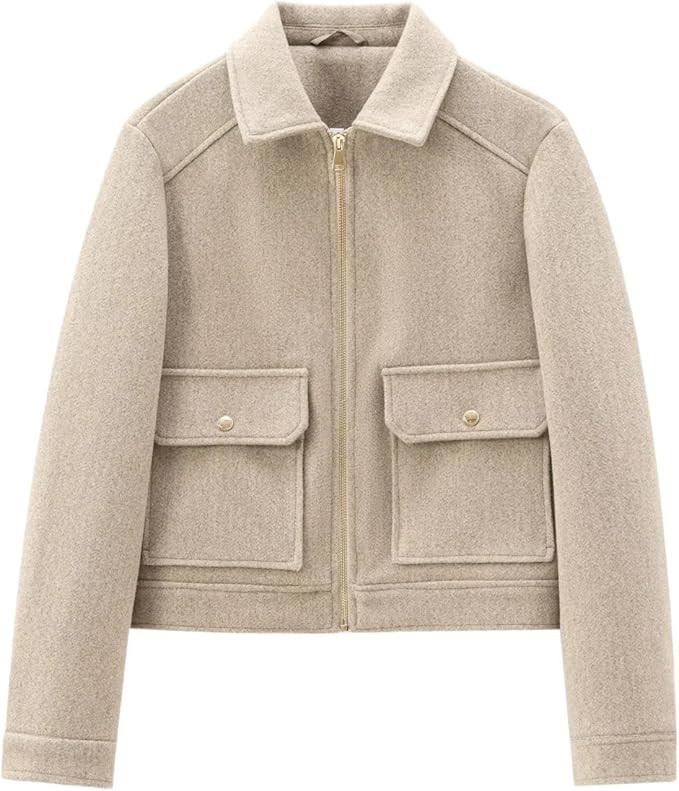 Women's Wool Zip Jacket Fall Winter Wool Short Coat Oversized Long Sleeve Wool Blend Outwear | Amazon (US)