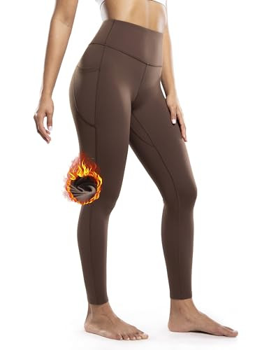 ENERBLOOM Women's Fleece Lined Leggings with Pockets Thermal Warm Winter High Waisted 28'' Yoga Pants Tights Full Length Coffee X-Large | Amazon (US)