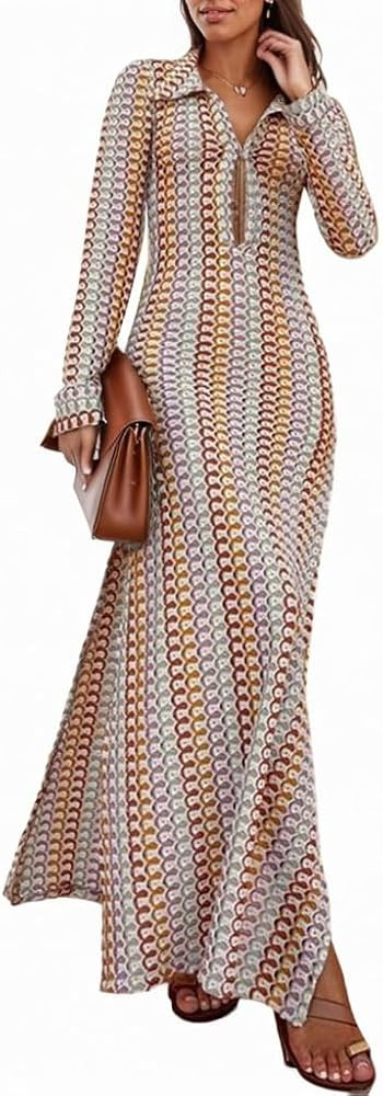 Akivide Women's Sexy Colorful Crochet Knit Maxi Dress Boho Long Sleeve Bodycon Side Slit Hollow O... | Amazon (US)