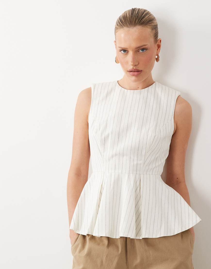ASOS DESIGN tailored peplum top in ecru stripe-White | ASOS (Global)
