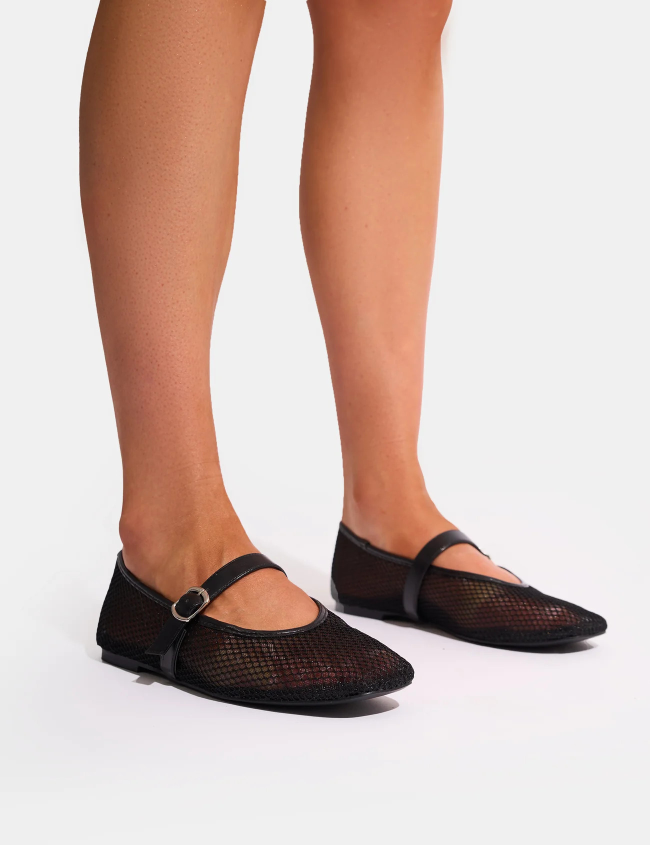 Nelly Black Mesh Buckle Strap Ballet Flat Pumps | Public Desire