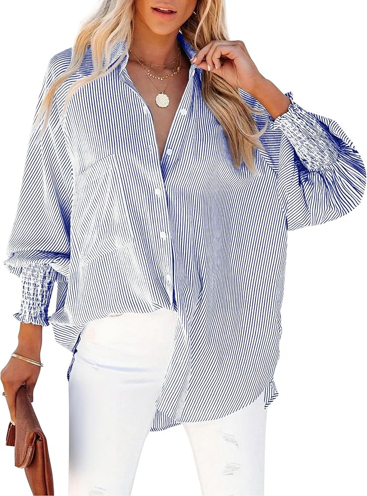 Women's Striped Oversized Button Down Shirt Wrinkle-Resistant Cotton Blend Blouse with Smocked Cu... | Amazon (US)