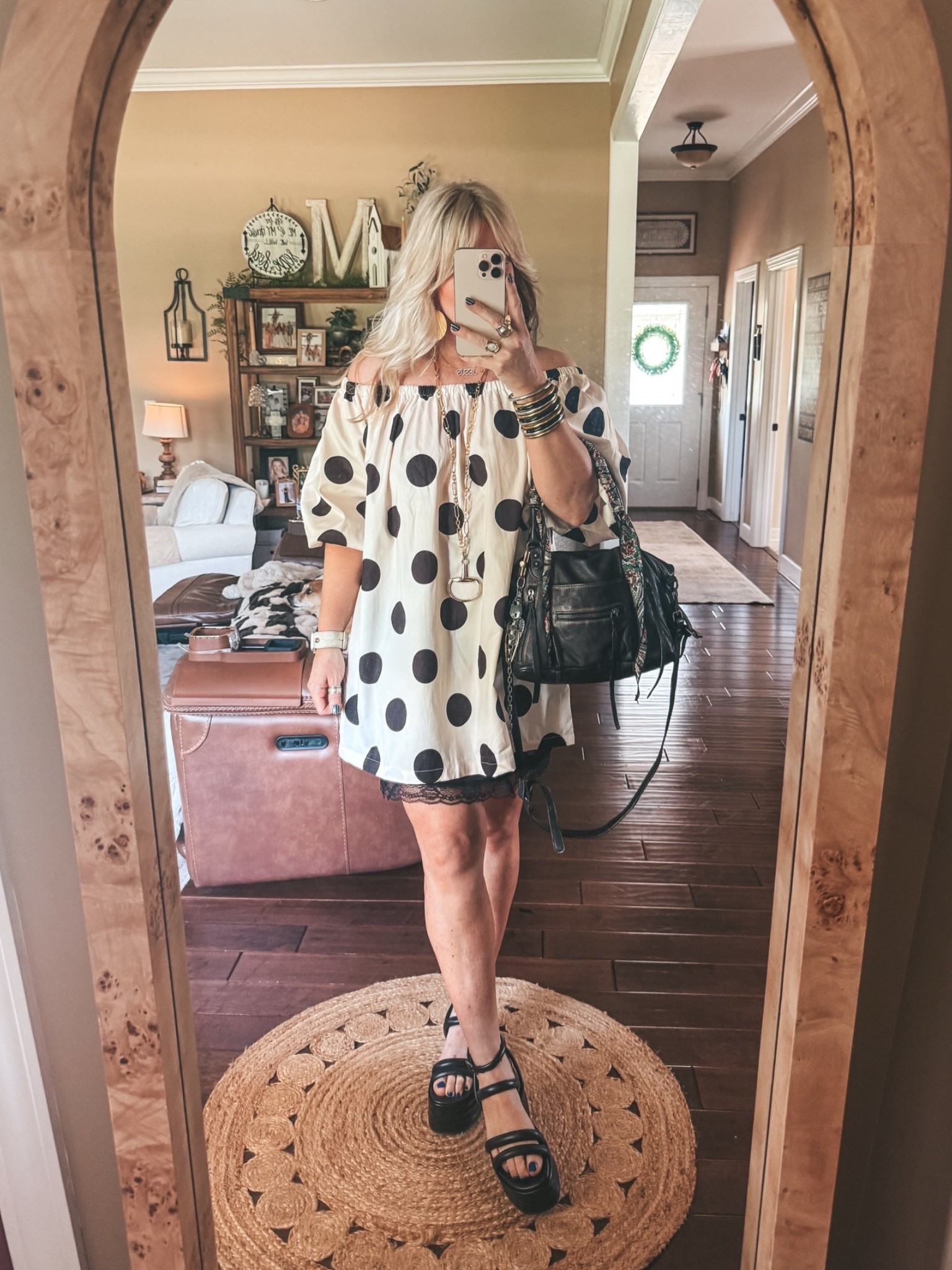 The prettiest dress 👗
It’s perfect for a wedding and graduation. 
Dress M
Slip skirt sized up to a L
Sandals true to size 
✨Long necklace save with code MANDIE 
#dress #amazonfashion #polkadotdress