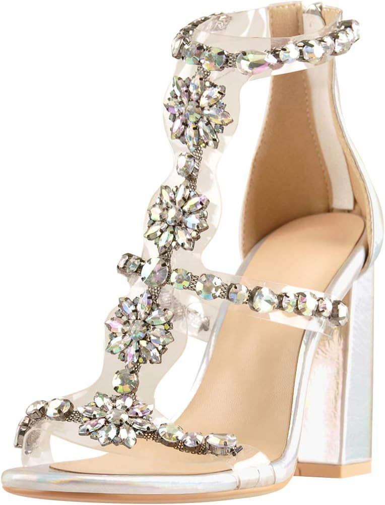 Yolkomo Women's Clear Strappy Rhinestones Gladiator Heels T-Strap Chunky Sandals | Amazon (US)