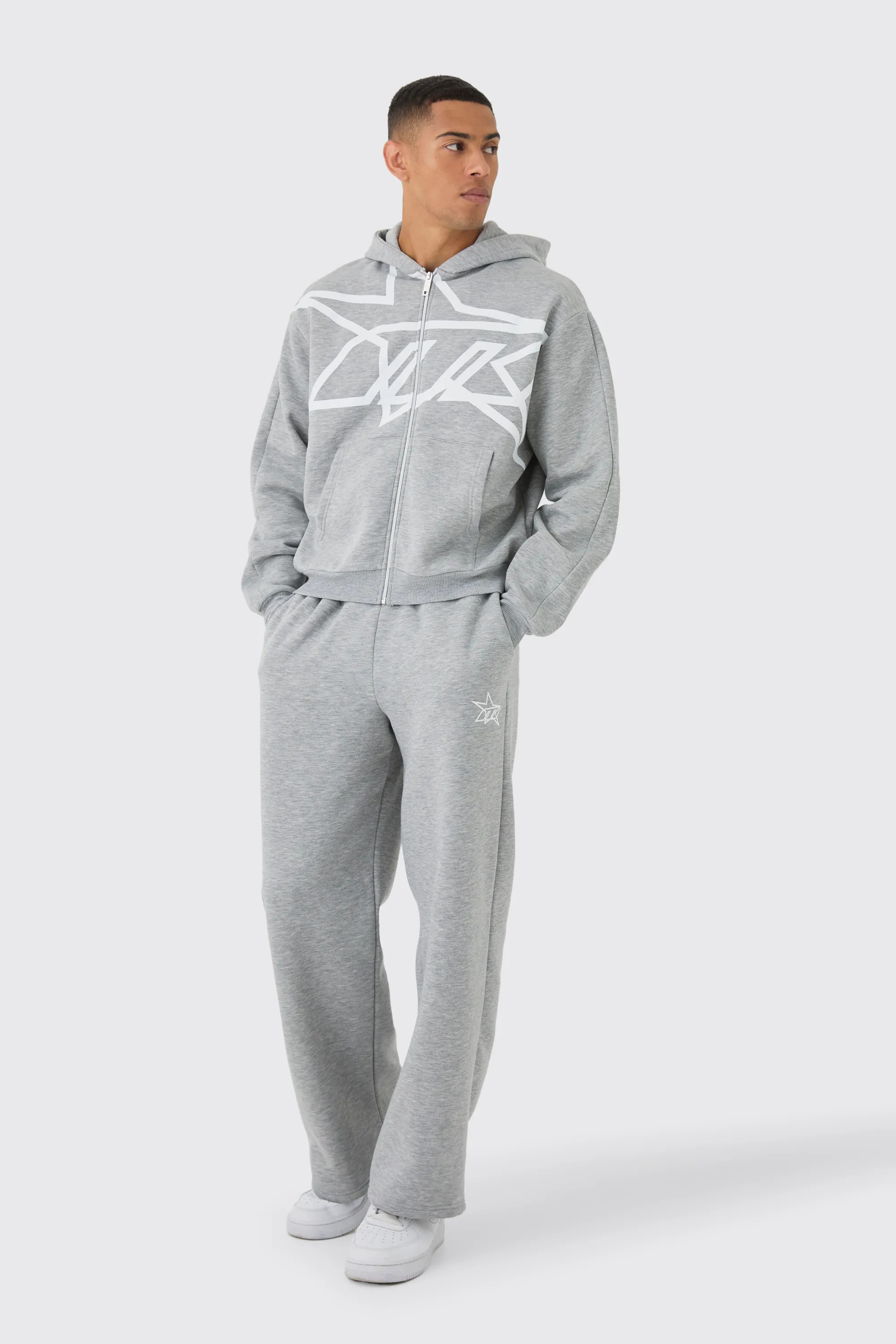 Oversized Boxy Star Printed Zip Through Hooded Tracksuit | boohooMAN (US & Canada)