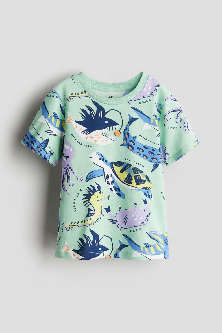 Printed T-shirt - Round Neck - Short sleeve - Light green/patterned - Kids | H&M US | H&M (US + CA)