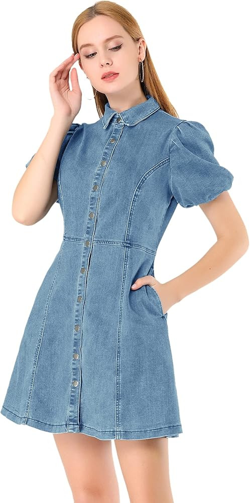 Allegra K Women's Puff Short Sleeve Collared Button Down Mini Jean Denim Dress with Pockets | Amazon (US)