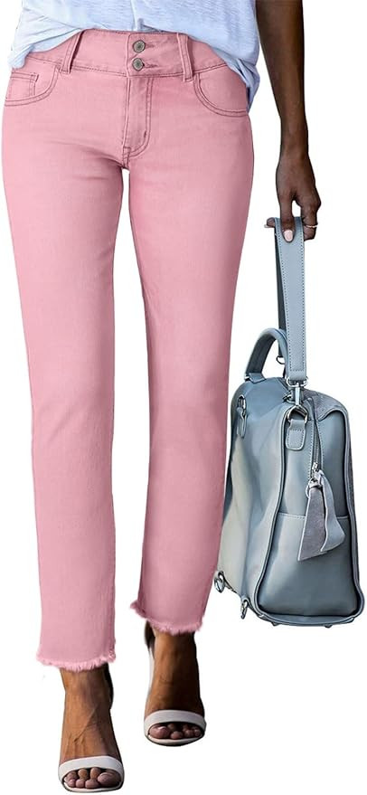 Sidefeel Women's High Waisted Jeans Strechy Spring Fashion Raw Hem Straight Leg Zimbaplatinum Ank... | Amazon (US)