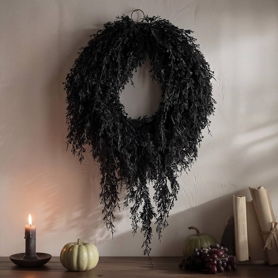Suncalla 20" Black Halloween Artificial Wreath - Halloween Cedar Wreath Spooky Party Decorations ... | Amazon (US)