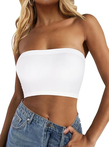 Tube Tops for Women Summer Crop Top Basic Casual Bandeau Going Out Strapless Short Shirt(White,M) | Amazon (US)