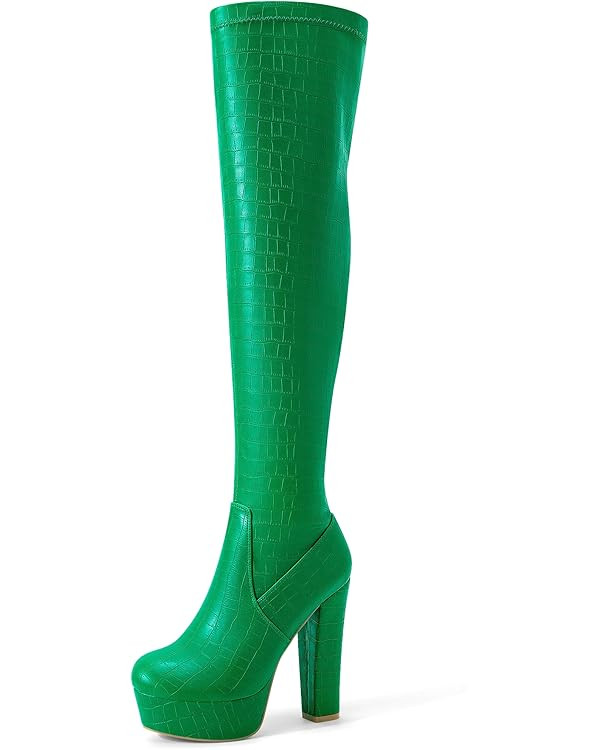 Perphy Stone Pattern Platform Block Heels Over the Knee High Boots for Women | Amazon (US)