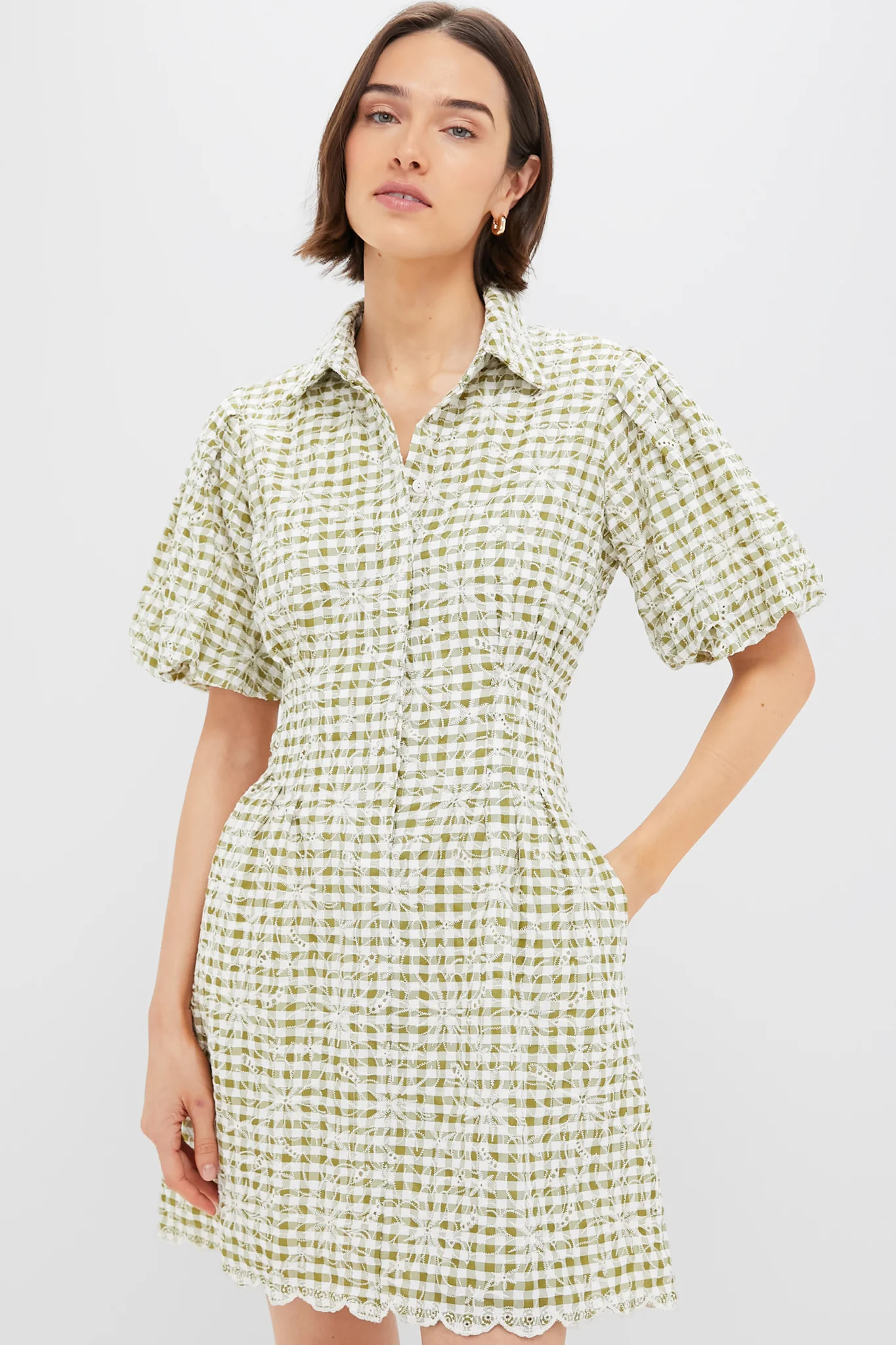 Embroidered Floral Green Gingham Mini Delaney Dress | Tuckernuck (US)