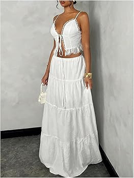 Floerns Women's 2 Piece Outfit Lace Trim Tie Front Camisole Top Tiered Maxi Skirts Set | Amazon (US)