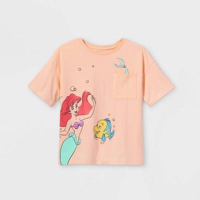 Girls' Disney Princess Ariel and Flounder Pocket Short Sleeve Graphic T-Shirt - Pink | Target