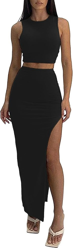 ELLEVEN Sexy 2 Piece Maxi Skirt Sets for Women - Knit Bodycon Crop Tank Top and High Slit Skirt D... | Amazon (US)