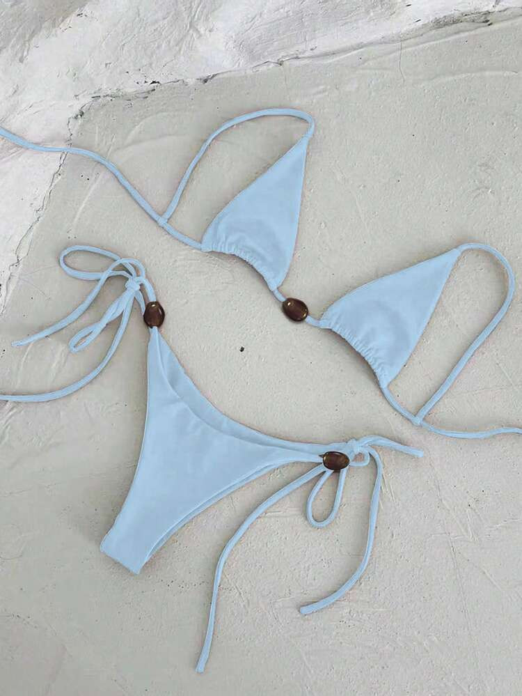Polovedo Official New Arrival Spring/Summer Elegant Sexy Light Blue Solid Color Tie-Up Women Bikini Swimsuit, Beach Holiday Party Date | SHEIN
