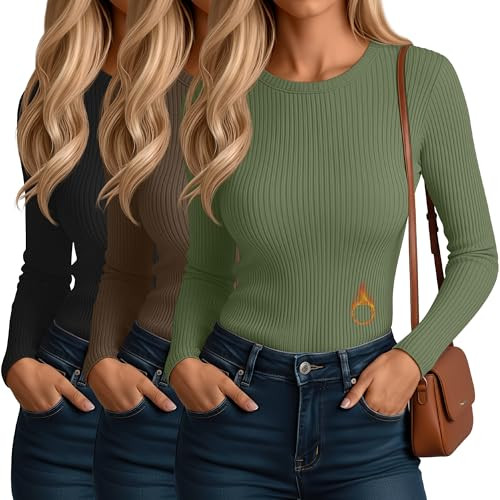 Evervibe 3 Pack Women's Ribbed Long Sleeve Thermal Tops Thin Fleece Lined Crew Neck Shirts Warm B... | Amazon (US)