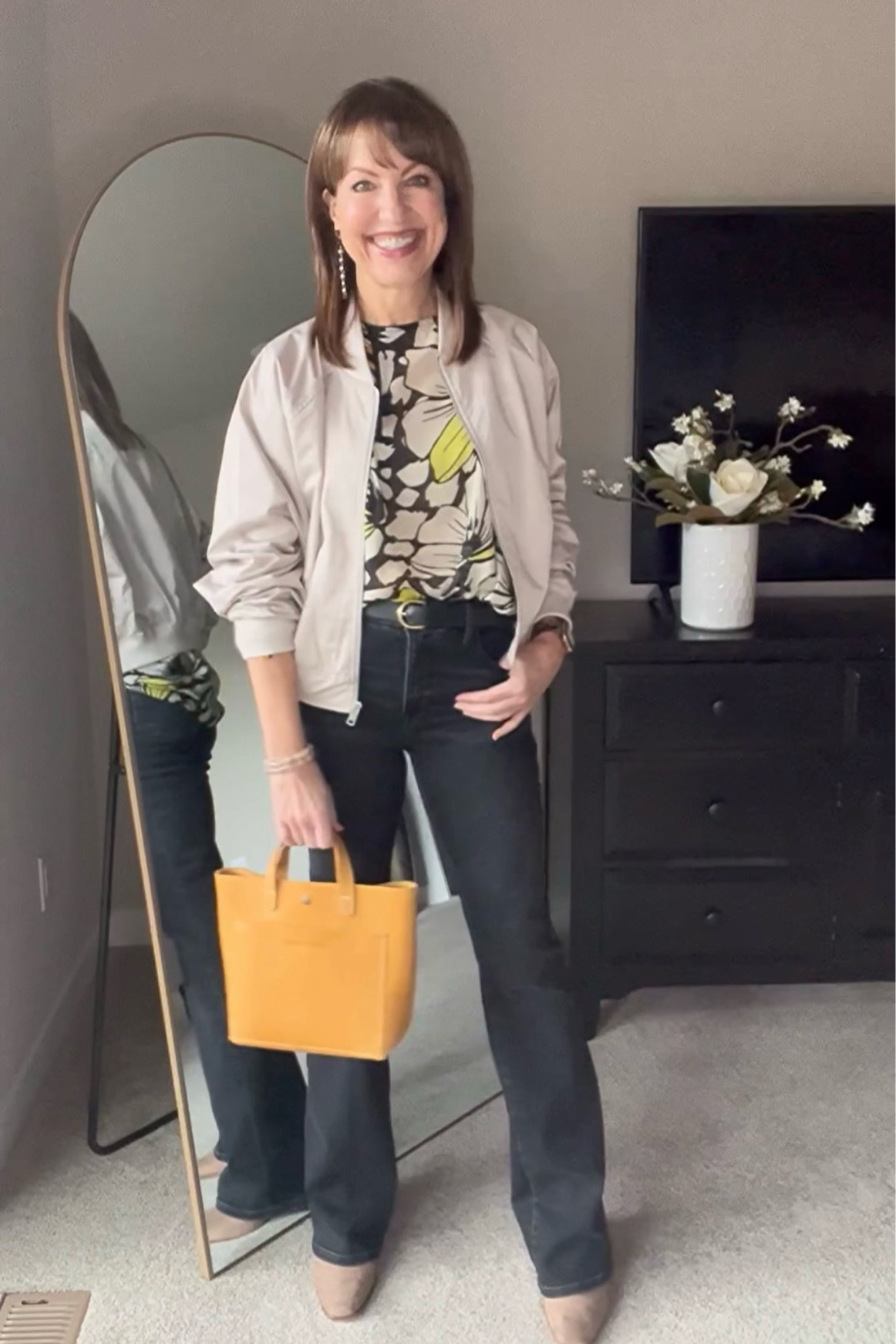 Spring transition outfit! Bomber jacket, floral blouse, black jeans, date night outfit, workwear 

#LTKunder100 #LTKworkwear #LTKFind