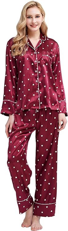 Women’s Silky Satin Pajamas Button Down Long Sleeve Sleepwear PJ Set Loungewear | Amazon (US)