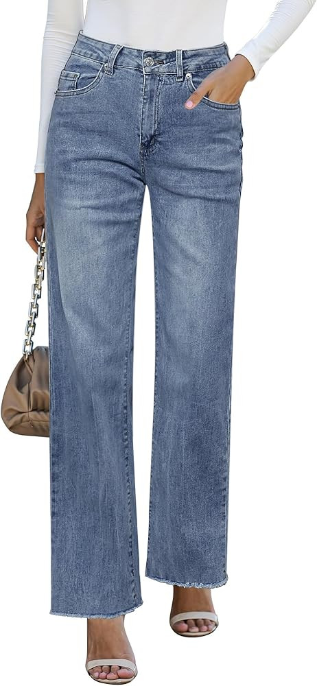 GRAPENT Straight Leg Jeans for Women High Waisted Stretchy Frayed Raw Hem Loose Denim Pants Casua... | Amazon (US)