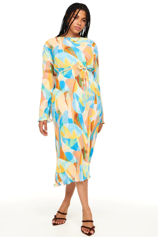 Blue Abstract Plisse Midi Dress | Never Fully Dressed (UK & IE)