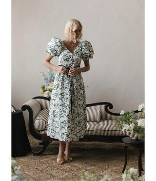 x Jennifer Sumko Rebecca Tie Waist Short Puffed Sleeve V-Neck Midi Dress | Dillard's