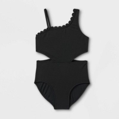 Girls' Ribbed Scallop Cut Out One Piece Swimsuit- art class™ Black | Target