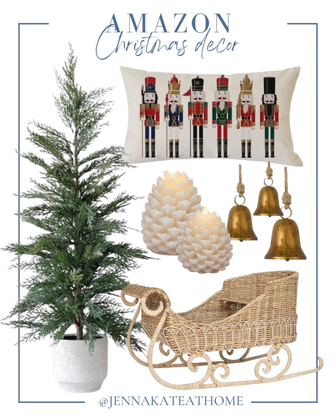 Amazon Christmas finds include small tree, rattan sleigh, bells, led pinecone lights, and nutcracker pillow.

Christmas decor, neutral Christmas decor, holiday decor, neutral holiday 

#LTKHoliday #LTKHome #LTKSeasonal