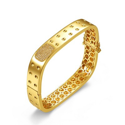 14k Gold Plated with Cubic Zirconia Textured Geometric Square Bangle Bracelet | Target