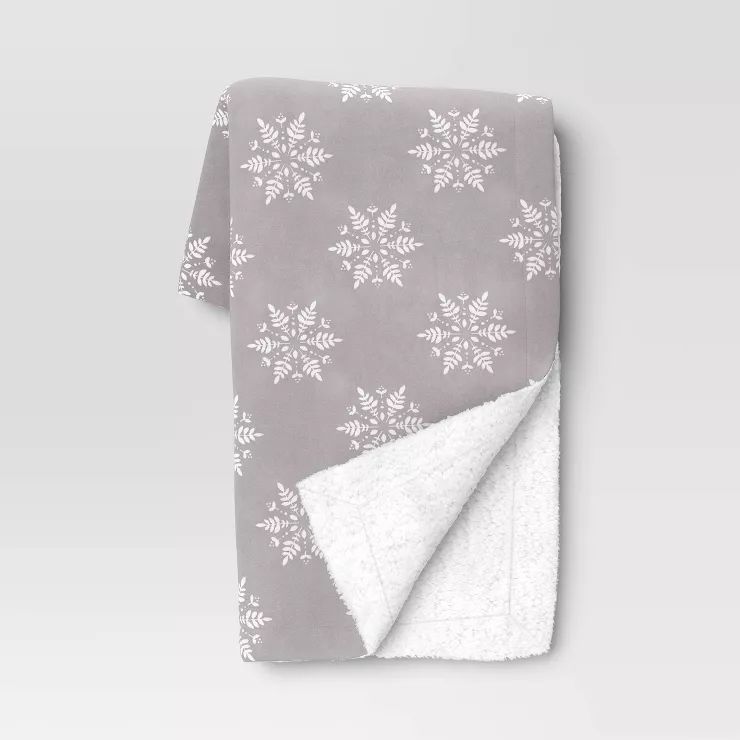 Snowflake Printed Plush Christmas Throw Blanket with Faux Shearling Reverse Gray - Threshold™ | Target