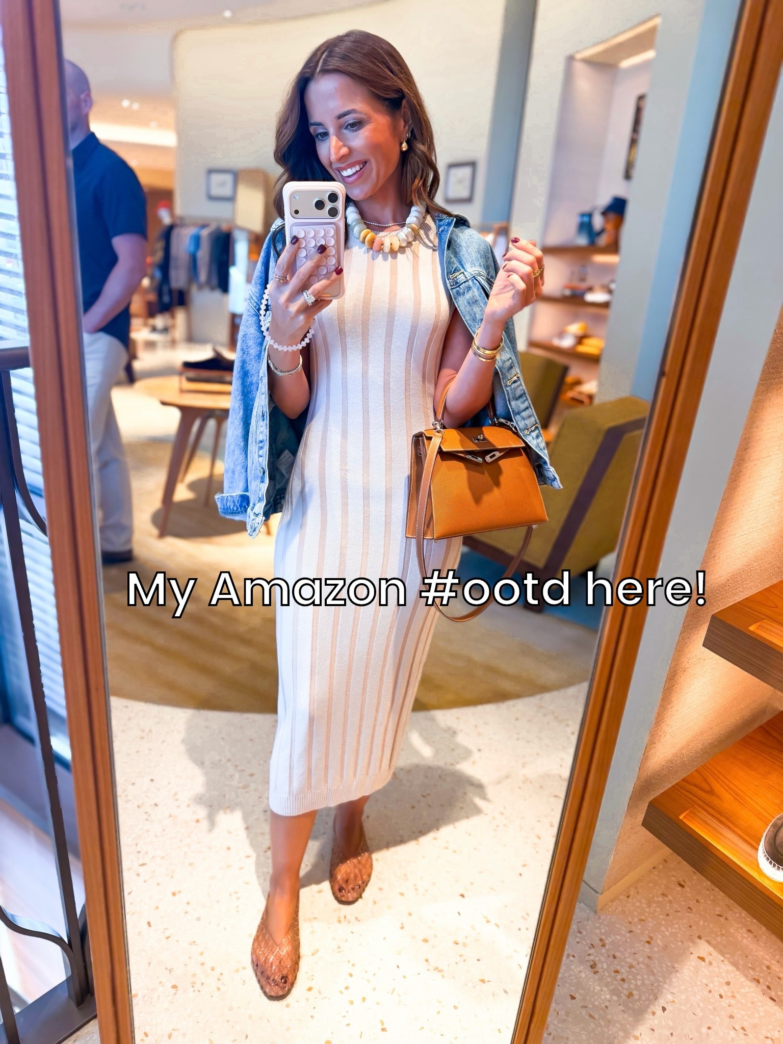 Fall outfit. Elevated casual outfit. Every day outfit. Mom outfit. I love this Amazon knit dress in XS - super stretchy!! Tons of colors. XS in denim jacket. Jelly flats are whole sizes only - I’m a 6.5 and did a 6 based on reviews.

#LTKootd #LTKgrwm #LTKSeasonal